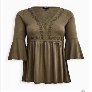 Torrid Women’s Olive Green Lace Up Babydoll Top Size 1